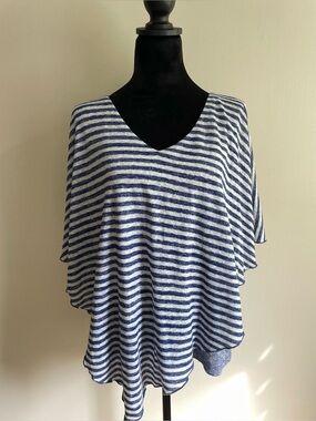 PURE Essence Layered Striped Poncho Top Blue White Cape Overlay L Made Canada